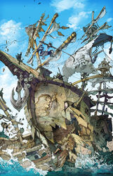  arrow_(projectile) artist_name barrel bird book bow_(weapon) bread cannon commentary crow crow&#039;s_nest demizu_posuka dried_fish female fishing_line fishing_rod food ghost_ship gun_port highres loaf_of_bread mast muted_color net original paper sail sailing_ship ship skull splashing translated water watercraft weapon 