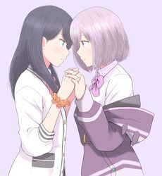  2girls black_hair blue_eyes bow bowtie buttons cardigan closed_mouth collared_shirt commentary_request eye_contact from_side fukushima_uichi gridman_universe holding_hands hood hood_down hooded_jacket jacket long_hair long_sleeves looking_at_another multicolored_clothes multicolored_jacket multiple_girls off_shoulder orange_scrunchie purple_background purple_bow purple_bowtie purple_eyes purple_hair purple_jacket red_bow red_bowtie school_uniform scrunchie shinjou_akane shirt short_hair simple_background ssss.gridman takarada_rikka two-tone_jacket upper_body white_cardigan white_shirt wrist_scrunchie yuri 