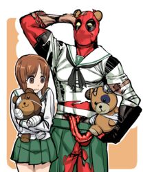  1boy bandages blank_eyes boko_(girls_und_panzer) brown_eyes brown_hair commentary_request crossover deadpool deadpool_(series) debacoq empty_eyes female girls_und_panzer large_intestine marvel mask nishizumi_miho ooarai_school_uniform school_uniform serafuku short_hair standing stuffed_animal stuffed_toy teddy_bear torn_clothes 