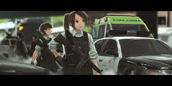  4girls absurdres ambulance assault_rifle black_gloves black_hair black_skirt blurry blurry_background brown_eyes brown_hair bulletproof_vest car collared_shirt commentary depth_of_field english_commentary faiz_azhar ford_crown_victoria glasses gloves grey_shirt gun h&amp;k_hk33 heckler_&amp;_koch highres holding holding_gun holding_weapon letterboxed motor_vehicle multiple_girls original outdoors parted_lips photoshop_(medium) pleated_skirt police police_car ponytail rifle shirt short_hair short_sleeves skirt solo_focus standing weapon wing_collar 