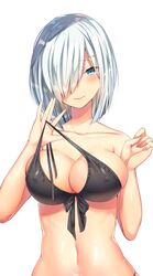  bikini black_bikini blue_eyes blush breasts collarbone commentary_request covered_nipples female front-tie_bikini_top front-tie_top grey_hair hair_ornament hair_over_one_eye hairclip halterneck hamakaze_(kancolle) highres kantai_collection large_breasts looking_at_viewer navel ntk_(7t5) short_hair simple_background skindentation smile solo strap_pull swimsuit upper_body white_background 