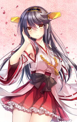  armpits bad_id bad_pixiv_id bare_shoulders black_hair breasts brown_eyes cherry_blossoms detached_sleeves female hairband haruna_(kancolle) japanese_clothes kantai_collection long_hair medium_breasts ribbon-trimmed_sleeves ribbon_trim smile solo umeko_(koori_ume) 