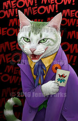  2012 ambiguous_gender batman_(series) card clothing dc_comics distracting_watermark domestic_cat fangs felid feline felis feral flour flower fur green_eyes holding_object jenny_parks joker_(playing_card) looking_at_viewer mammal markings multicolored_body multicolored_fur necktie open_mouth plant playing_card ring_(marking) ringed_tail solo striped_markings striped_tail stripes suit tail tail_markings teeth text the_joker watermark whiskers 