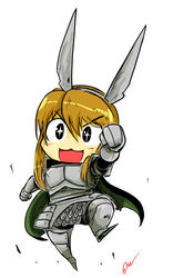  :d animal_ears armor black_eyes brown_hair cape commentary english_commentary fake_animal_ears female gapangman gauntlets greaves highres long_hair lupiar momodora:_reverie_under_the_moonlight open_mouth photoshop_(medium) rabbit_ears smile solo star-shaped_pupils star_(symbol) symbol-shaped_pupils 