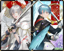  2boys bad_id bad_pixiv_id black_border black_gloves blue_hair border cape flower gloves highres hood hs2 hydrangea ichigo_hitofuri japanese_clothes katana male_focus multiple_boys open_mouth partially_fingerless_gloves petals smile sword touken_ranbu tsurumaru_kuninaga weapon white_gloves white_hair wings yellow_eyes 