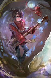  1boy :o absurdres bad_deviantart_id bad_id black_hair blue_pants brown_eyes brown_hair commentary english_commentary eyepatch full_body guitar highres holding holding_instrument instrument japanese_clothes kimono kubo_(kubo_and_the_two_strings) kubo_and_the_two_strings long_sleeves male_focus mini_person miniboy moon open_mouth pants paper_hanzo parted_lips red_kimono samurai sandals simha solo 