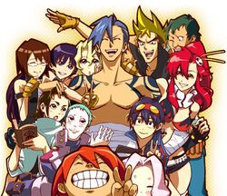  5girls 6+boys bikini bikini_top_only blonde_hair blue_hair book boota_(ttgl) brown_hair commentary_request darry_adai dayakka fingerless_gloves gimmy_adai gloves green_hair grin kamina_(ttgl) kan_(tachi) kinon_bachika kittan_bachika kiyal_bachika kiyoh_bachika leeron_littner multiple_boys multiple_girls orange_hair pink_hair red_hair rossiu_adai scarf simon_(ttgl) smile swimsuit tengen_toppa_gurren_lagann topless_male v yoko_littner 