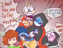  4:3 alternate_universe altertale ambiguous_gender better_version_at_source bodily_fluids bone chara_(undertale) clothed clothing crown crying dialogue frisk_(undertale) gaster group headgear hoodie human humanoid ill male mammal papyrus_(undertale) robe sans_(undertale) skeleton sweater tears thegreatrouge topwear undead undertale undertale_(series) 