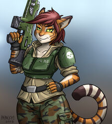  2016 5_fingers anthro armor assault_rifle astra_militarum brown_hair digital_media_(artwork) eyelashes faith_(heresy) felid felinid female fingers green_eyes gun hair hand_on_hip heresy_(artist) hi_res imperial_guard mammal pantherine pupils ranged_weapon rifle scar shaded slit_pupils smile smirk solo standing tiger trigger_discipline warhammer_(franchise) warhammer_40000 weapon 