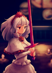  candle commentary_request dazed dress female fennel_(momodora) flower hairband holding holding_sword holding_weapon long_hair makaroll momodora:_reverie_under_the_moonlight red_eyes rose silver_hair solo stain stained_glass sword weapon white_dress white_hair 