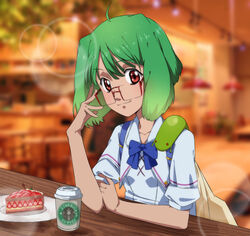  ahoge bespectacled cake commentary_request female food glasses green_hair looking_at_viewer macross macross_frontier nagi_(koutei_penguin) official_style oosanshouuo-san ranka_lee red_eyes saint_mary&#039;s_academy_school_uniform school_uniform serafuku short_hair smile starbucks 