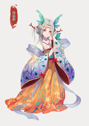  alternate_costume blush bug butterfly chinese_clothes collarbone commentary_request facial_mark female finger_to_face grey_hair hanfu head_wings highres kochou_no_sei_(onmyoji) long_hair looking_at_viewer onmyoji orange_eyes shan-n smile solo translated wings 