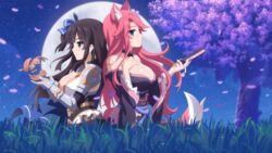  2girls animal bird blue_eyes foxgirl game_cg grass green_eyes moon sakura_dungeon stars tail tree winged_cloud 