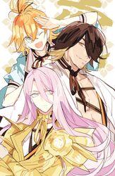  3boys ;d armor bad_id bad_pixiv_id black_hair blonde_hair blue_eyes crossed_arms facial_hair gold_armor hachisuka_kotetsu japanese_clothes kiri_(qoo) male_focus multicolored_hair multiple_boys nagasone_kotetsu one_eye_closed open_mouth orange_hair purple_hair salute smile stubble touken_ranbu two-tone_hair urashima_kotetsu yellow_eyes 