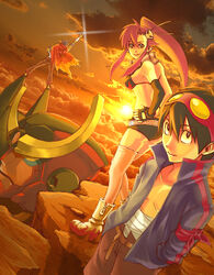  2boys bad_id bad_pixiv_id bikini bikini_top_only boots cape cloud dutch_angle female goggles goggles_on_head gurren-lagann hair_ornament hands_in_pockets hands_on_own_hips highres kamina_(ttgl) kamina_pose kan_(tachi) long_hair mecha multiple_boys no_shirt pointing pointing_up ponytail robot short_shorts shorts simon_(ttgl) skull_hair_ornament sunset swimsuit tengen_toppa_gurren_lagann thighhighs yoko_littner 