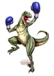  alex_(tekken) boxing_gloves claws colored_sclera dinosaur fighting_stance kotobukiya long_tongue no_humans official_art open_mouth raptor simple_background slit_pupils solo tail tekken tekken_tag_tournament_2 tongue watermark white_background yamashita_shun&#039;ya yellow_sclera 