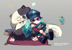  angry aqua_hair bad_id bad_pixiv_id baseball_cap boots bowl female fish_bone grey_background hat hou_(ppo) inkling inkling_girl inkling_player_character jellyfish_(splatoon) judd_(splatoon) layered_clothes layered_sleeves long_hair long_sleeves photoshop_(medium) pillow pointy_ears puff_of_air purple_eyes saliva seeker_(splatoon) short_over_long_sleeves short_sleeves sitting splatoon_(series) splatoon_1 tentacle_hair 