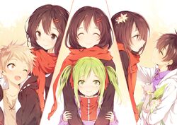  2boys 2girls ^_^ aged_down alternate_hairstyle ayano_no_koufuku_riron_(vocaloid) bad_id bad_pixiv_id black_hair black_hoodie black_serafuku blonde_hair brother_and_sister brown_eyes brown_hair brown_shirt cat_on_person closed_eyes closed_mouth collarbone collared_shirt enpera facing_another feline flower from_side green_eyes green_hair hair_between_eyes hair_flower hair_ornament hair_ribbon hairclip hands_on_another&#039;s_arms hood hood_down hooded_jacket hoodie hug hug_from_behind jacket kagerou_project kano_shuuya kido_tsubomi leaf long_hair long_sleeves looking_at_another looking_at_viewer mekakucity_actors mery_(yangmalgage) multiple_boys multiple_girls multiple_persona neckerchief one_eye_closed open_collar open_mouth print_scarf purple_hoodie purple_jacket purple_shirt red_hoodie red_jacket red_ribbon red_scarf ribbon scarf school_uniform serafuku seto_kousuke shirt short_hair siblings sisters smile tareme tateyama_ayano teeth twintails two-tone_hoodie upper_body upper_teeth_only upturned_eyes white_flower white_hoodie white_neckerchief 