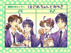  2boys 2girls ai_(ai1470) blush brown_hair commentary_request doughnut eating food genderswap_(ftm) genderswap_(mtf) kindaichi_hajime kindaichi_shounen_no_jikenbo long_hair multiple_boys multiple_girls nanase_miyuki open_mouth ponytail rule_63 thick_eyebrows tied_hair yakitori 