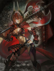  axe belt boots breasts cleavage demon_girl demon_horns female gloves highres horns large_breasts long_hair navel photoshop_(medium) red_hair satan_(the_seven_deadly_sins) skull solo the_seven_deadly_sins thighhighs visqi weapon 