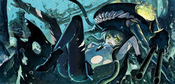  abyssal_ship bodysuit boots breasts cannon cape commentary_request cruiser damaged female gloves glowing glowing_eyes grey_hair hat immersed kantai_collection kongou_(battleship) long_hair luko medium_breasts military military_vehicle open_mouth pale_skin photoshop_(medium) ship short_hair solo torn_clothes turret underwater warship watercraft wo-class_aircraft_carrier yellow_eyes 