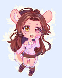  anthro boots bottomwear brown_hair chibi chinchilla chinchillid cinnamon_(sinamuna) clothed clothing female footwear freckles hair heterochromia legwear mammal off_shoulder ponytail rodent round_ears sensu.realis shirt shorts socks solo spots sweater tattoo topwear undershirt 