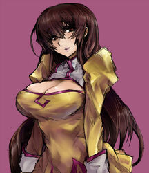  agent_aika aika_(series) breasts brown_eyes brown_hair cleavage cleavage_cutout clothing_cutout commentary_request delmogeny_uniform dress eyebrows female golden_delmo juliet_sleeves large_breasts long_hair long_sleeves open_mouth puffy_sleeves purple_background sania_(agent_aika) skj solo uniform upper_body yellow_dress 