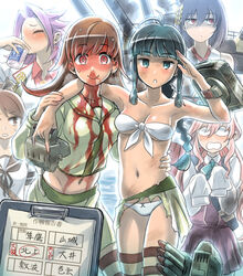  6+girls alcohol arm_around_shoulder bandeau bare_shoulders beer beer_can bikini black_hair blood blood_on_clothes blue_eyes blush braid breasts brown_hair can cleavage clipboard commentary drink_can female_pervert front-tie_top jun&#039;you_(kancolle) kantai_collection kitakami_(kancolle) looking_at_viewer makigumo_(kancolle) medium_breasts midriff mimonel multiple_girls navel nosebleed ooi_(kancolle) panties pervert red_eyes remodel_(kantai_collection) salute shikinami_(kancolle) single_braid smile sweatdrop swimsuit torn_clothes translated turret underwear white_panties yamashiro_(kancolle) 