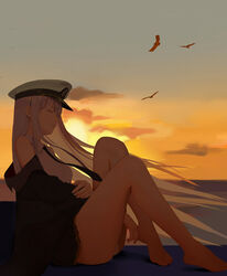  animal ass azur_lane backlighting bare_legs barefoot bird black_jacket black_necktie black_skirt breasts closed_eyes cloud collared_shirt commentary enterprise_(azur_lane) evening female floating_hair gold_trim gradient_sky grey_sky hat horizon jacket knees_up large_breasts long_hair long_sleeves military military_hat military_uniform miniskirt necktie ocarino ocean off_shoulder open_clothes open_jacket orange_sky outdoors panties parted_lips peaked_cap pleated_skirt revision shadow shirt sidelocks sitting skirt sky sleeveless sleeveless_shirt solo sunlight sunset thighs underwear uniform very_long_hair white_hair white_panties white_shirt wind 