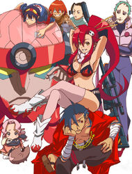  2girls 5boys arms_up bikini bikini_top_only blue_hair boota_(ttgl) boots cape cleaning commentary_request crossed_legs darry_adai gimmy_adai green_hair kamina_(ttgl) kan_(tachi) lagann leeron_littner mecha multiple_boys multiple_girls no_shirt orange_hair pink_hair ponytail red_hair robot rossiu_adai scarf simon_(ttgl) sitting sitting_on_person stuffed_toy swimsuit tengen_toppa_gurren_lagann thighhighs yoko_littner 