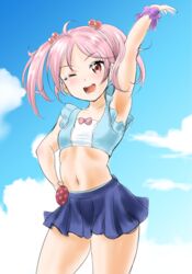  ;d arm_up armpits badge bikini button_badge commentary_request crop_top female kantai_collection kasugano_tobari long_hair midriff navel one_eye_closed open_mouth pink_eyes pink_hair sazanami_(kancolle) sazanami_(swimsuit_mode)_(kancolle) scrunchie short_hair skirt smile swimsuit wrist_scrunchie 