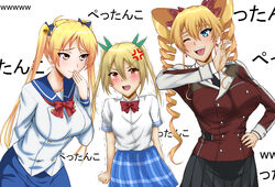  3girls anger_vein arm_behind_back bad_id bad_pixiv_id bakuon!! bell blonde_hair blue_eyes blush bow breast_envy breasts claire_harvey clenched_hand color_connection crossover drill_hair green_kaminari hair_bell hair_between_eyes hair_color_connection hair_ornament hair_ribbon hand_on_own_hip hundred_(light_novel) large_breasts long_hair multiple_crossover multiple_girls netoge_no_yome_wa_onna_no_ko_janai_to_omotta? oerba_yun_fang ojou-sama_pose open_mouth pleated_skirt red_eyes ribbon school_uniform season_connection segawa_akane skirt smirk suzunoki_rin translated trembling twin_drills twintails 