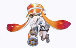  :3 arm_support bad_id bad_pixiv_id bike_shorts black_shorts blunt_bangs brown_eyes female full_body hand_on_own_cheek hand_on_own_face hou_(ppo) inkling inkling_girl inkling_player_character jacket long_sleeves mini_splatling_(splatoon) orange_hair photoshop_(medium) pointy_ears shoes shorts simple_background single_vertical_stripe solo splatoon_(series) splatoon_1 standing tentacle_hair visor_cap white_background white_jacket 