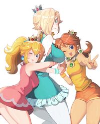  3girls ;) ;d alternate_breast_size alternate_costume bad_id bad_pixiv_id bare_legs bare_shoulders blonde_hair blue_eyes blush breasts brooch commentary_request crown dress earrings flipped_hair frilled_dress frills girl_sandwich hair_over_one_eye holding_hands hoshikuzu_pan hug hug_from_behind jewelry large_breasts lips looking_at_viewer mario_(series) mario_tennis medium_breasts mini_crown multiple_girls official_alternate_costume one_eye_closed open_mouth pantyhose partial_commentary ponytail princess princess_daisy princess_peach rosalina sandwiched short_dress short_shorts shorts simple_background sleeveless sleeveless_dress smile super_mario_galaxy tennis_daisy tennis_peach tennis_rosalina thighs w white_background wristband 