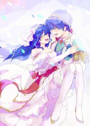  1boy bad_id bad_twitter_id bare_shoulders blue_eyes blue_hair blush bouquet bridal_veil bride caeda_(bridal)_(fire_emblem) caeda_(fire_emblem) cape carrying couple dress elbow_gloves female fire_emblem fire_emblem:_mystery_of_the_emblem fire_emblem_heroes flower formal gloves groom hair_flower hair_ornament happy highres husband_and_wife jewelry long_hair marth_(fire_emblem) necklace nonomori_(anst_nono) pegasus_knight_uniform_(fire_emblem) princess_carry rose smile straight strapless strapless_dress suit thighhighs tiara tuxedo veil wedding wedding_dress white_dress white_gloves zettai_ryouiki 