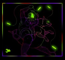  absurd_res anthro ass black_background buwaro_elexion canid canine canis claws clothed clothing costume dancing demon domestic_dog duo feral fishnet_clothing fur glowstick glowsticking glowstringing hi_res horn kekkaishi line_art loonertick madarao_(kekkaishi) male mammal multicolored_outline outline rainbow_outline rave raver simple_background slightly_damned smile spirit uniform white_body white_fur wolf 