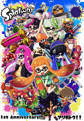  &gt;_&lt; +_+ 6+boys 6+girls :3 annie_(splatoon) anniversary arm_up baseball_cap beanie beard bike_shorts black-framed_eyewear black_dress black_hair black_shorts blazer blouse blue_eyes blue_hair blunt_bangs blush_stickers brown_eyes callie_(splatoon) cap&#039;n_cuttlefish closed_eyes cloud cloudy_sky clownfish commentary_request copyright_name crusty_sean dark_skin detached_collar dress dress_shirt dynamo_roller_(splatoon) e-liter_3k_(splatoon) english_text eyeshadow facial_hair fangs fish food food_on_head glasses goggles green_eyes grey_hair hair_ornament hat headphones headphones_around_neck helmet highres holding holding_weapon hood hoodie hydra_splatling_(splatoon) ink_tank_(splatoon) inkling inkling_boy inkling_girl inkling_player_character jacket jellyfish_(splatoon) jelonzo_(splatoon) judd_(splatoon) kingin kitsune long_sleeves looking_at_viewer luna_blaster_(splatoon) makeup marie_(splatoon) mask miniskirt moe_(splatoon) mole mole_under_eye multiple_boys multiple_girls neckerchief necktie object_on_head octarian_(enemy) octoshot_(splatoon) octotrooper one_eye_closed open_mouth orange_eyes orange_hair orange_legwear paint_splatter pantyhose parted_lips peaked_cap pink_hair plaid plaid_skirt pleated_skirt pointy_ears purple_eyes purple_hair red_hair school_uniform scrunchie serafuku sheldon_(splatoon) shirt shoes short_hair short_jumpsuit shorts single_vertical_stripe sitting skinny skirt sky smile sneakers spiked_hair splatoon_(series) splatoon_1 splattershot_(splatoon) spyke_(splatoon) squid star_(symbol) star_hair_ornament strapless strapless_dress sweater_vest t-shirt takozonesu tanuki tentacle_hair topknot tower tri-slosher_(splatoon) v-neck weapon white_shirt 