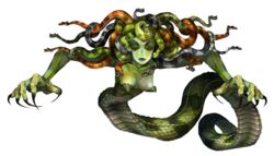  breasts dragon&#039;s_crown female george_kamitani green_lips green_skin long_nails medusa monster monster_girl official_art pointy_breasts scales sharp_nails simple_background snake_hair snake_tail solo vanillaware 