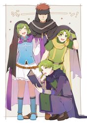  aym_(ash3ash3ash) bad_id bad_twitter_id blue_eyes blush boots brothers cape closed_mouth facing_viewer family father_and_son female fingerless_gloves fire_emblem fire_emblem:_the_binding_blade fire_emblem:_the_blazing_blade fire_emblem_heroes gloves green_hair hairband headband jaffar_(fire_emblem) looking_at_viewer lugh_(fire_emblem) mother_and_son nino_(fire_emblem) open_mouth purple_hairband raigh_(fire_emblem) red_eyes red_hair shared_cape shared_clothes short_hair siblings skirt smile squatting standing tattoo time_paradox 