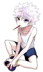  1boy blue_eyes boots hunter_x_hunter killua_zoldyck kintsuku lolicon male male_focus rough shirt shorts simple_background sitting sleeveless sleeveless_shirt solo tsukuru_(seki_sabato) white_background white_hair 