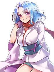  adjusting_hair arm_behind_back blue_hair blush breasts commentary_request cowboy_shot female from_side gloves japanese_clothes kimono large_breasts light_smile looking_at_viewer mataichi_mataro obi ole_tower purple_eyes router_plane_(ole_tower) sash scarf short_hair short_shorts shorts simple_background smile solo white_background wide_sleeves 