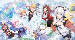  1boy 1other 5girls :d aether_(genshin_impact) bird black_eyes black_scarf black_skirt blonde_hair blue_eyes blue_jacket blue_sky braid braided_ponytail breasts brown_hair brown_pants camera cape cleavage closed_mouth cloud cloudy_sky company_connection cropped_legs crossover floating full_body genshin_impact green_eyes hair_ornament halo highres holding holding_camera homu_(honkai_impact) honkai:_star_rail honkai_(series) honkai_impact_3rd jacket kiana_kaslana kiana_kaslana_(white_comet) long_hair long_sleeves looking_at_viewer lumine_(genshin_impact) march_7th_(honkai:_star_rail) march_7th_(preservation)_(honkai:_star_rail) medium_breasts medium_hair mihoyo multiple_girls nana895 one_eye_closed open_mouth outdoors outstretched_arms paimon_(genshin_impact) pants pink_eyes pink_hair polo_shirt pom-pom_(honkai:_star_rail) rainbow red_jacket romper rosa_(tears_of_themis) scarf shirt short_sleeves skirt sky smile tears_of_themis twin_braids white_cape white_hair white_romper white_scarf white_shirt yellow_eyes 