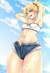  anger_vein arms_behind_head blonde_hair blush braid breasts cloud cloudy_sky crop_top cutoffs denim denim_shorts fate/apocrypha fate/grand_order fate_(series) female flare fur-trimmed_shorts fur_trim furrowed_brow green_eyes hair_ornament hair_scrunchie hands_up highres long_hair male_underwear male_underwear_peek midriff mordred_(fate) mordred_(fate/apocrypha) mordred_(memories_at_trifas)_(fate) navel open_fly open_mouth ponytail red_scrunchie ryudraw scrunchie shorts sky small_breasts solo underwear water 