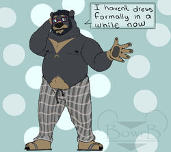  2020 absurd_res anthro bear beard belly black_body black_fur black_nose bottomwear bowrb_(character) bowrbbear clothing english_text eyewear facial_hair flip_flops footwear fur glasses hi_res humanoid_hands male mammal nipples overweight overweight_anthro overweight_male pants sandals solo text 