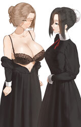  2girls arms_at_sides black_bra black_dress black_hair bra breasts brown_hair bun_cover cleavage closed_eyes closed_mouth collarbone commentary_request dress edea_(throtem) green_eyes hair_bun half-closed_eyes highres large_breasts long_dress long_sleeves martha_(throtem) multiple_girls navel neck_ribbon off_shoulder open_clothes open_dress original red_ribbon ribbon sidelocks single_hair_bun standing throtem unbuttoned underwear white_background wrist_cuffs 