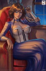  absurdres bioshock_(series) bioshock_infinite blue_eyes breasts brown_hair chair choker cleavage commentary corset elizabeth_(bioshock_infinite) english_commentary female gun highres holding holding_gun holding_weapon jacket large_breasts lips looking_at_viewer nopeys open_clothes open_jacket short_hair sitting solo watermark weapon window 