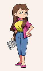  black_eyes blue_pants brown_hair character_request collared_shirt copyright_request female full_body hand_on_own_hip holding holding_paper long_hair open_clothes open_shirt pants paper pink_footwear pink_shirt shirt shirt_tucked_in shoes short_sleeves simple_background smile solo standing tan_background yellow_shirt yuta_agc 