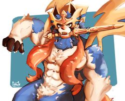  2019 abs anthro anthrofied armor blue_body blue_fur claws crowned_sword_zacian fur generation_8_pokemon hi_res legendary_pokemon looking_at_viewer makowolf1 male melee_weapon mouth_hold multicolored_body multicolored_fur muscular muscular_anthro muscular_male nintendo nipples object_in_mouth pecs pokemon pokemon_(species) pokemorph solo sword sword_in_mouth teeth weapon white_body white_fur yellow_eyes zacian 