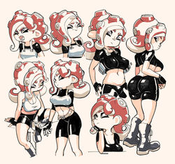  ass belt black_shirt black_shorts boots breasts female grey_eyes grey_footwear medium_breasts midriff multiple_views navel octoling octoling_player_character red_hair shirt short_sleeves shorts sitting splatoon_(series) standing suction_cups takozonesu tan_background tentacle_hair underboob white_shirt yuta_agc 