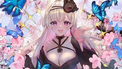  :3 :d bare_shoulders black_choker black_kimono blonde_hair blue_butterfly blush breasts bug butterfly choker collarbone commentary_request female flower flower_request fox_mask gradient_hair isuzu_(an_icy_cat) japanese_clothes kimono large_breasts long_hair looking_at_viewer low_neckline makurano_neena mask mask_on_head mole mole_under_mouth multicolored_hair off_shoulder open_mouth outstretched_arm pink_eyes pink_hair production_kawaii reaching reaching_towards_viewer smile solo upper_body virtual_youtuber wide_sleeves 